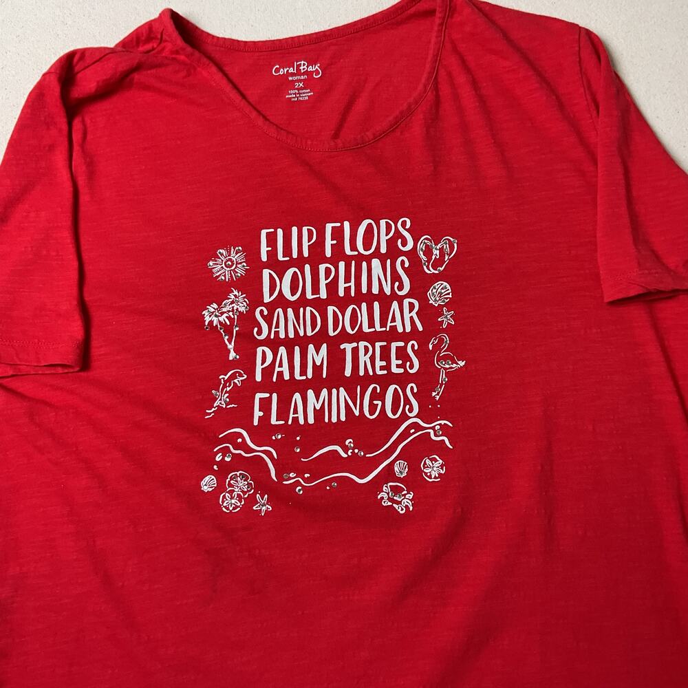 Coral Bay Womens 2X Short Sleeve Flip Flops Flamingo Red Casual T Shirt